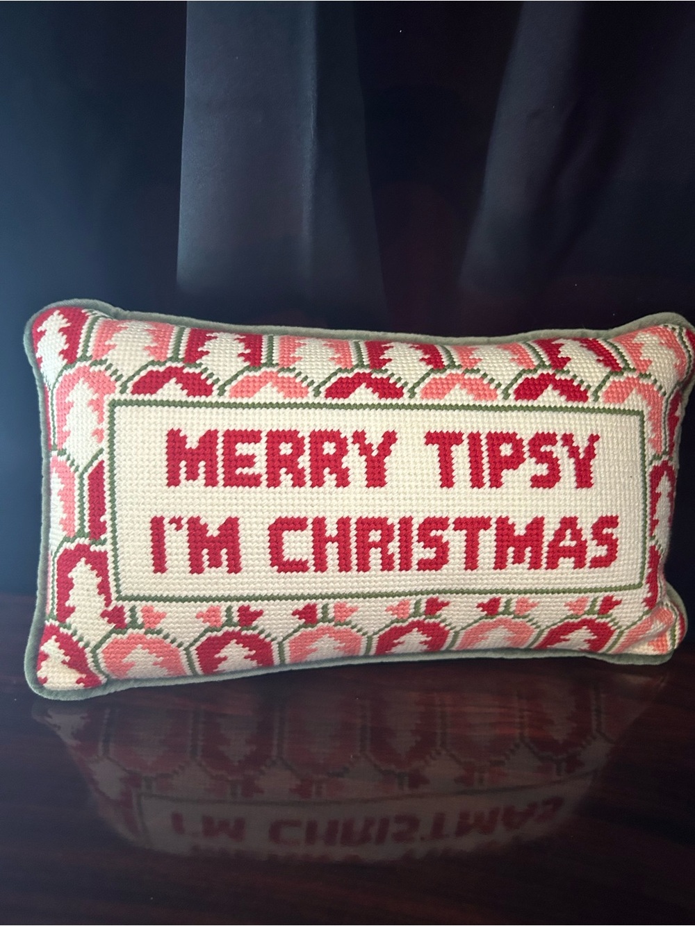 Furbish Needlepoint Throw Pillow "Merry Tipsy Iโm Christmas" Decorative Festive